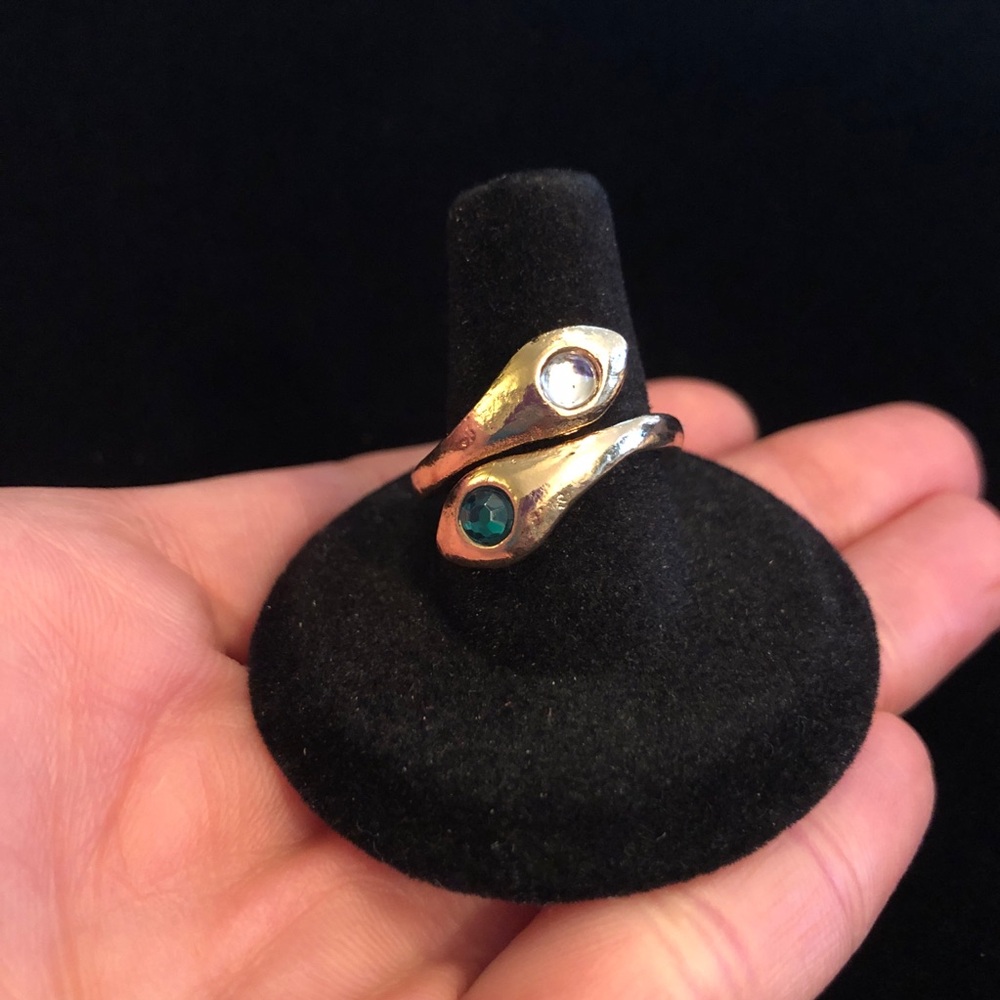 Elegant Gold Women's Ring With Green and White Rhinestones